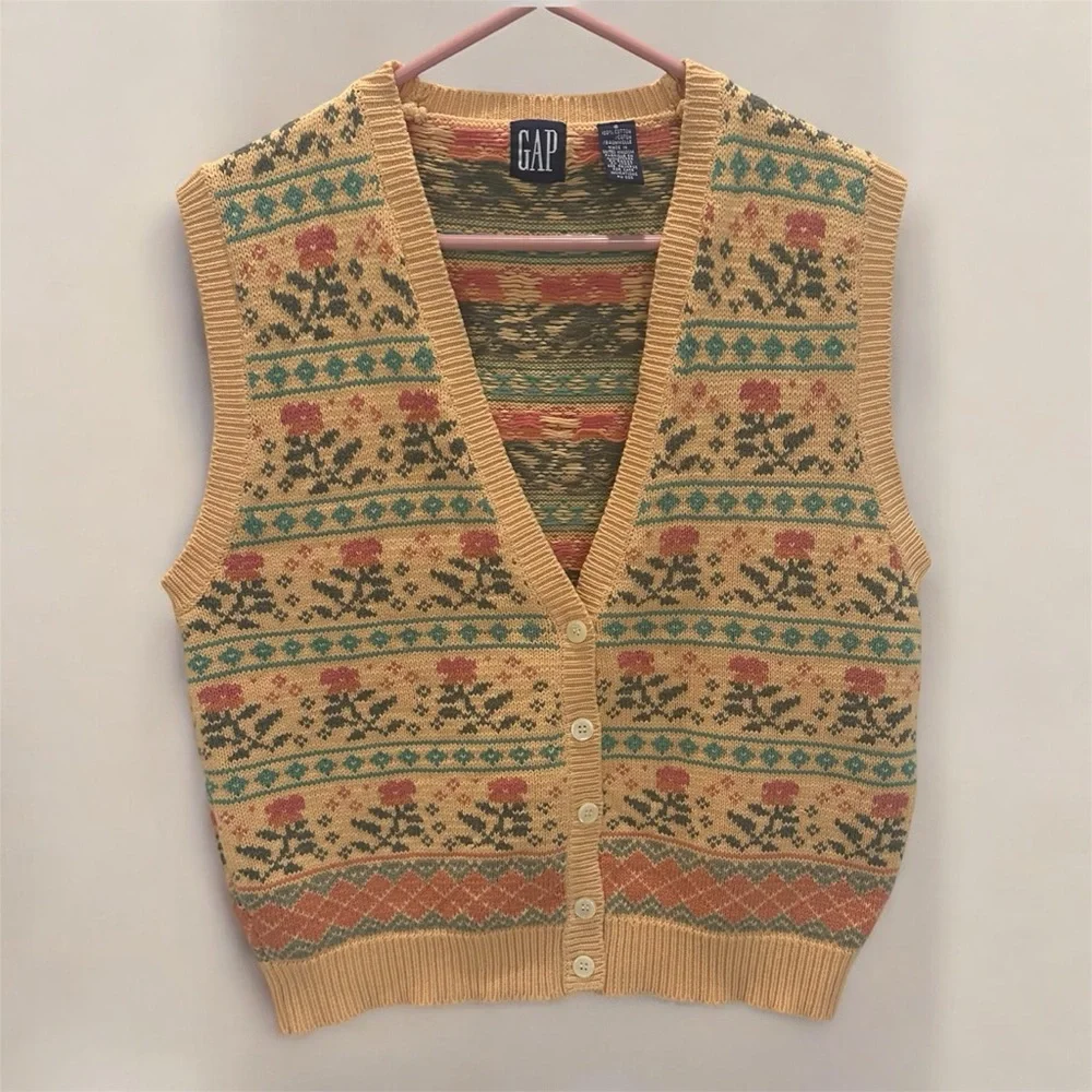 VTG GAP Fair Isle Flowers Granny Core Sweater Vest Y2K 100% Cotton Oversized S - Picture 1 of 5